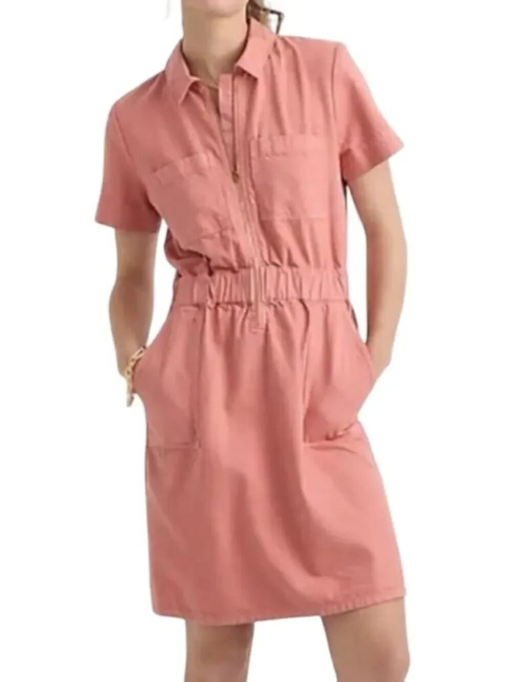 J.Crew Pink/Salmon Short Sleeve Zip Front Utility Chino Dress Womens 6